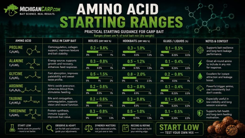 Amino acid starting range guide for carp bait showing proline alanine glycine arginine taurine threonine boilies hookbaits and glugs