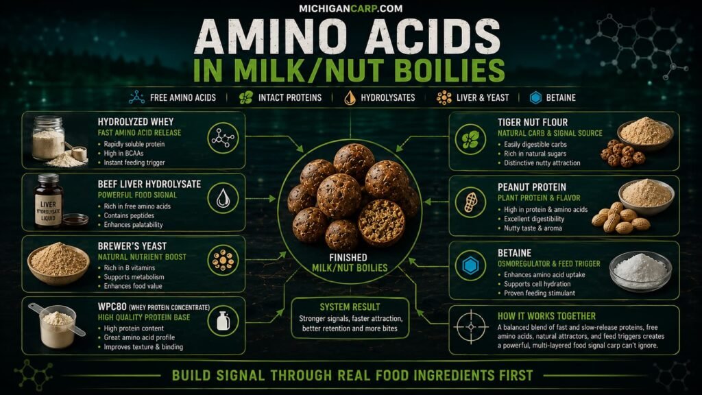 Amino acids in milk nut boilies showing hydrolyzed whey beef liver hydrolysate brewer’s yeast WPC80 tiger nut flour peanut protein and betaine