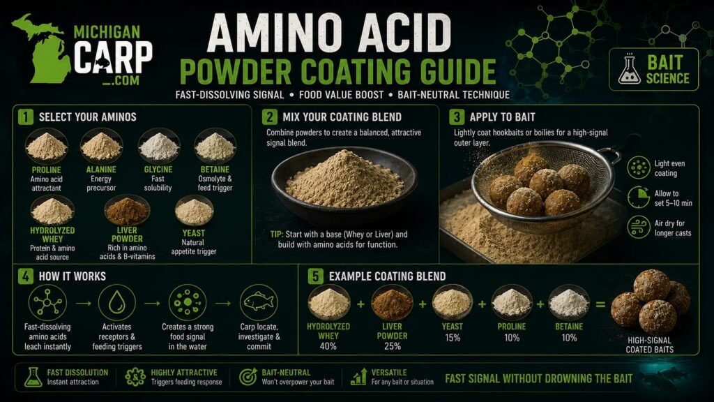 Amino acid powder coating guide for carp bait showing proline alanine glycine betaine hydrolyzed whey liver powder yeast and coated hookbaits