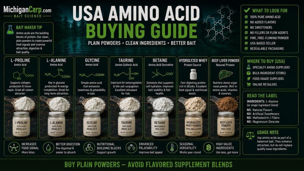 USA amino acid buying guide for carp bait showing L-proline L-alanine glycine taurine betaine hydrolyzed whey beef liver powder and supplement labels