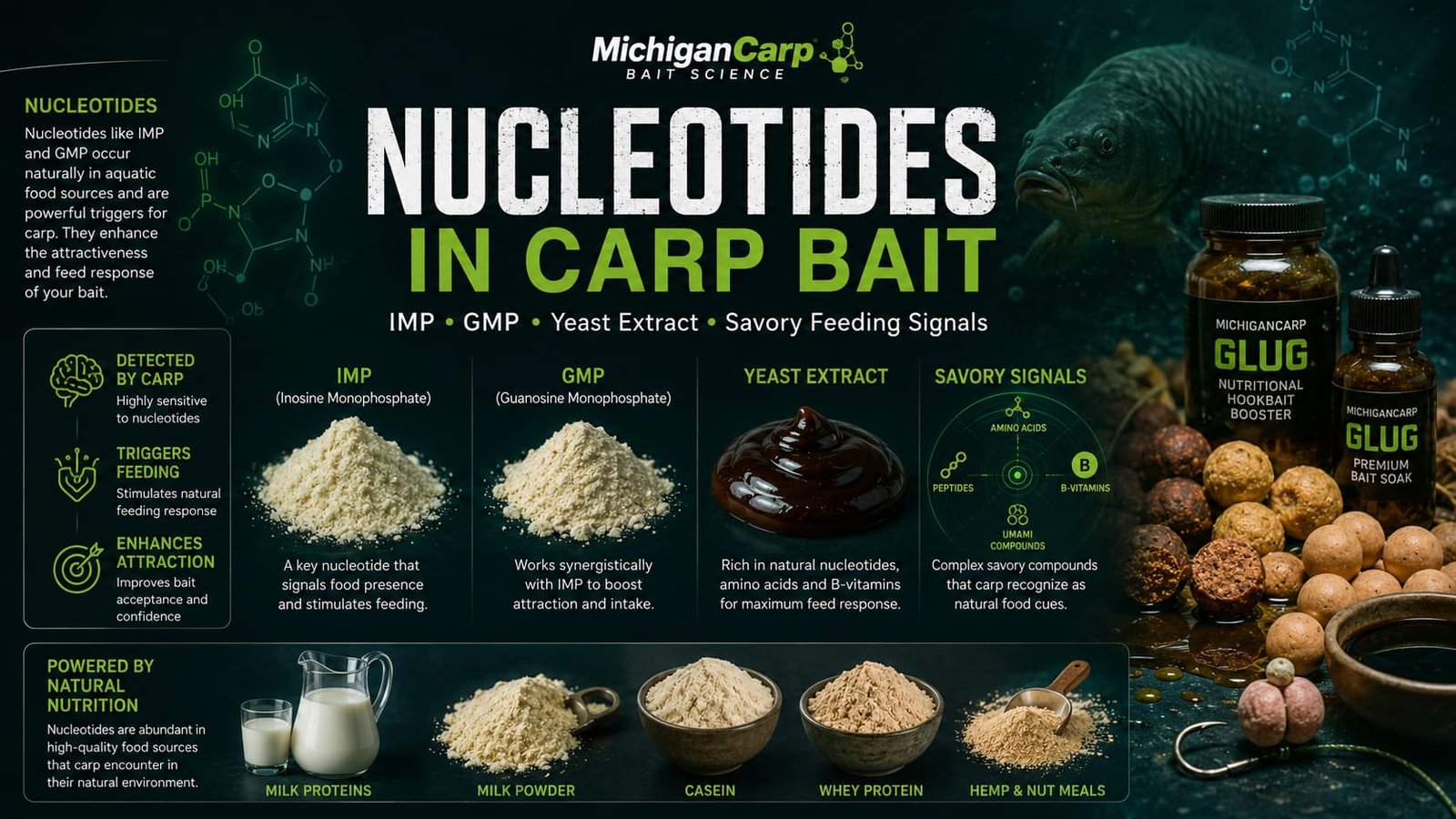 Nucleotides in carp bait showing IMP GMP yeast extract savory feeding signals boilies hookbaits glugs and milk nut bait ingredients