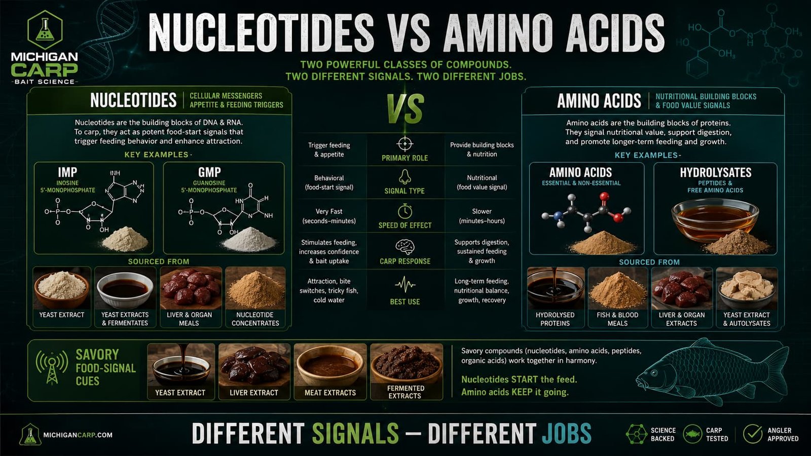Nucleotides versus amino acids in carp bait showing IMP GMP amino acids hydrolysates yeast extract liver and savory food signals