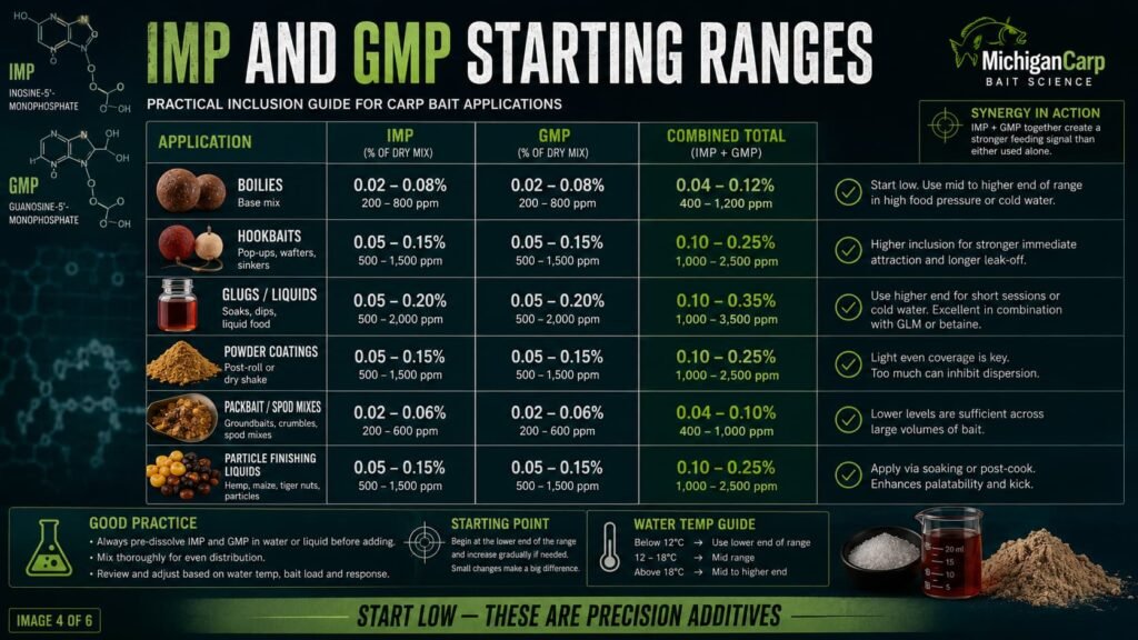 IMP and GMP inclusion range guide for carp bait showing boilies hookbaits glugs powder coatings packbait and particle finishing liquids