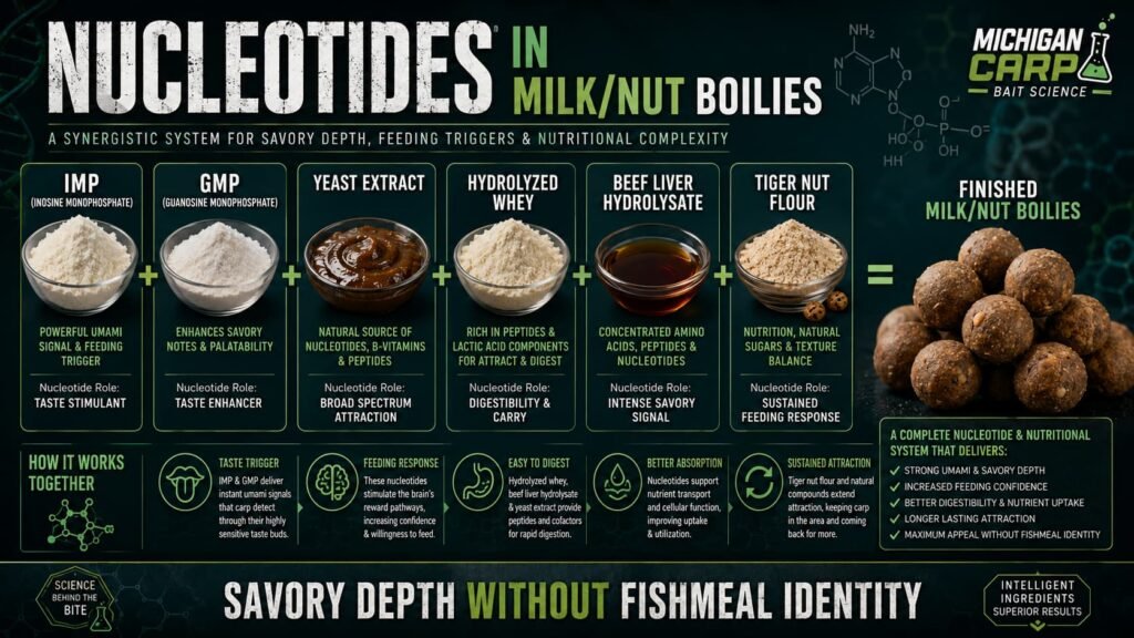 Nucleotides in milk nut boilies showing IMP GMP yeast extract hydrolyzed whey beef liver hydrolysate tiger nut flour and boilies
