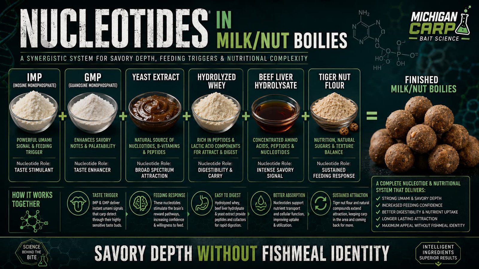 Nucleotides in milk nut boilies showing IMP GMP yeast extract hydrolyzed whey beef liver hydrolysate tiger nut flour and boilies