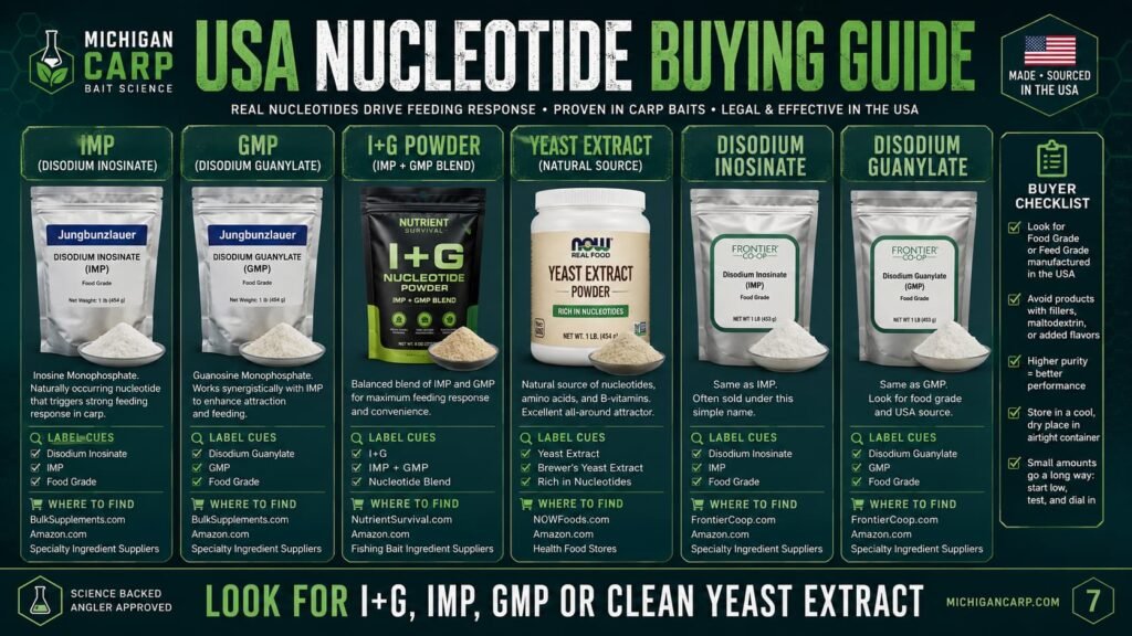 USA nucleotide buying guide for carp bait showing IMP GMP disodium inosinate disodium guanylate I plus G powder yeast extract and labels