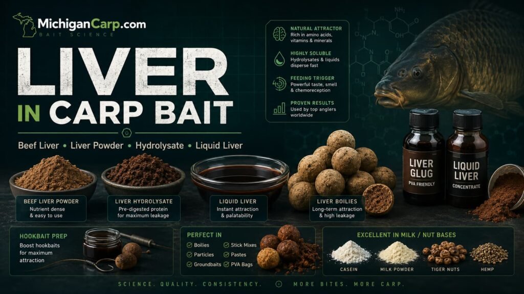 Liver in carp bait showing beef liver powder liver hydrolysate liquid liver boilies glugs hookbait prep and milk nut carp bait ingredients