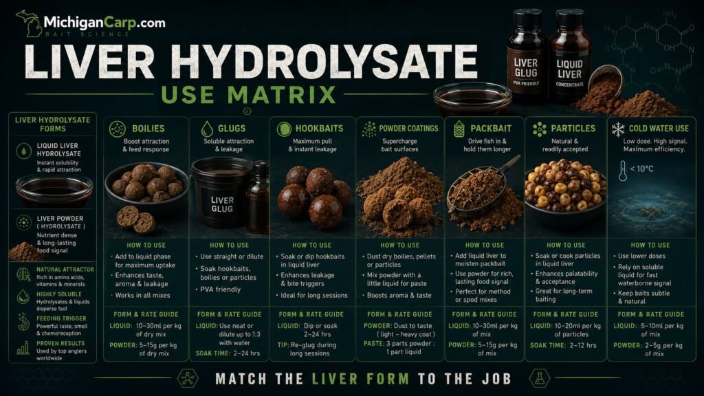 Liver hydrolysate use matrix for carp bait showing boilies glugs hookbaits powder coatings packbait particles and cold water use