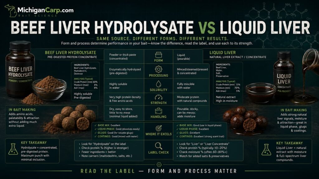 Beef liver hydrolysate versus liquid liver for carp bait showing hydrolyzed liver liquid liver powder liver and label reading guide