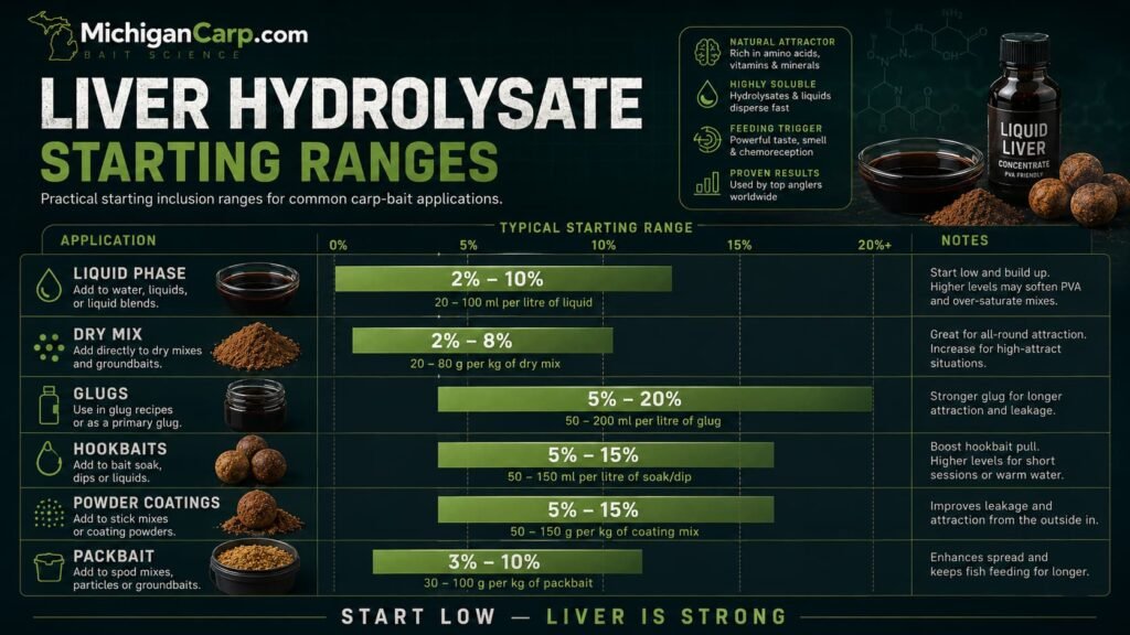 Liver hydrolysate inclusion range guide for carp bait showing liquid phase dry mix glugs hookbaits powder coatings and packbait levels