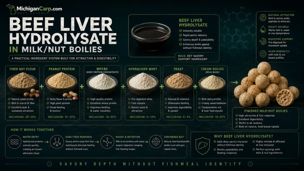 Beef liver hydrolysate in milk nut boilies showing tiger nut flour peanut protein WPC80 hydrolyzed whey yeast and cream boilies