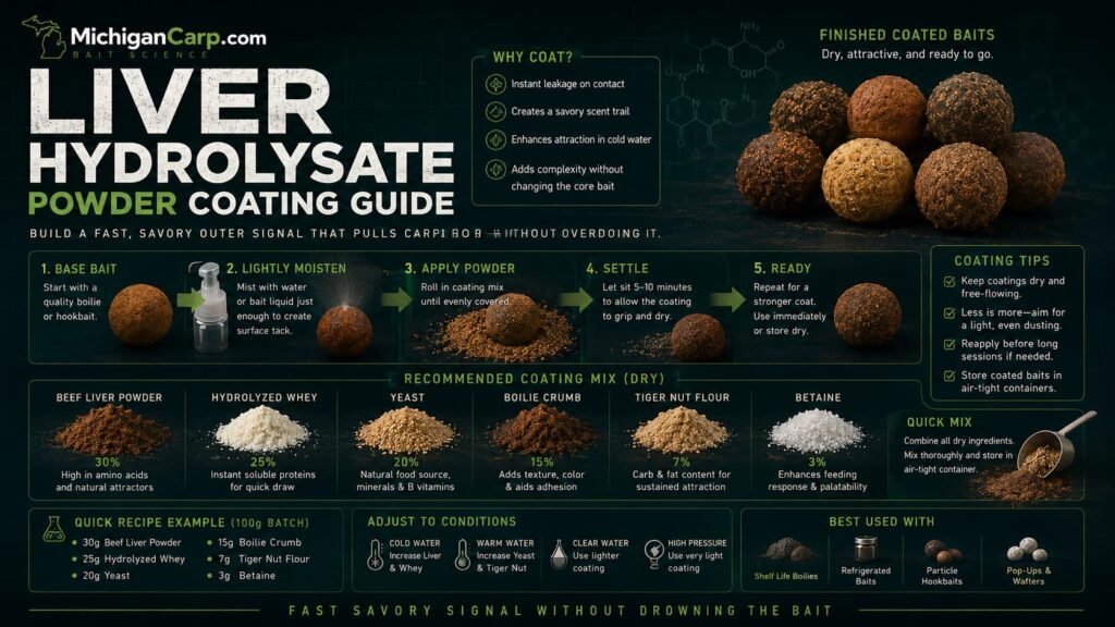 Liver hydrolysate powder coating guide showing beef liver powder hydrolyzed whey yeast boilie crumb tiger nut flour betaine and coated hookbaits