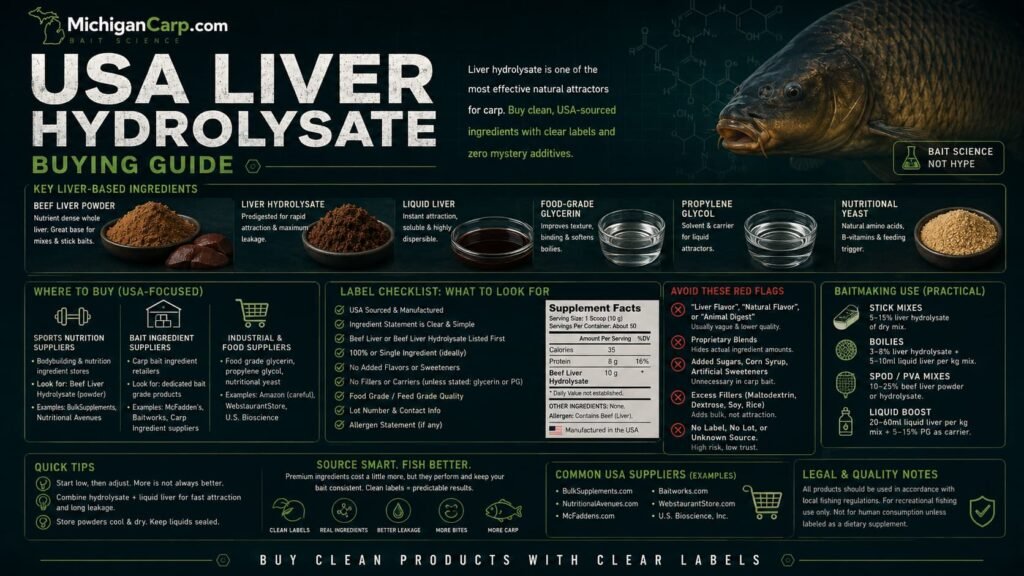 USA liver hydrolysate buying guide for carp bait showing beef liver powder liver hydrolysate liquid liver food grade glycerin propylene glycol yeast and labels