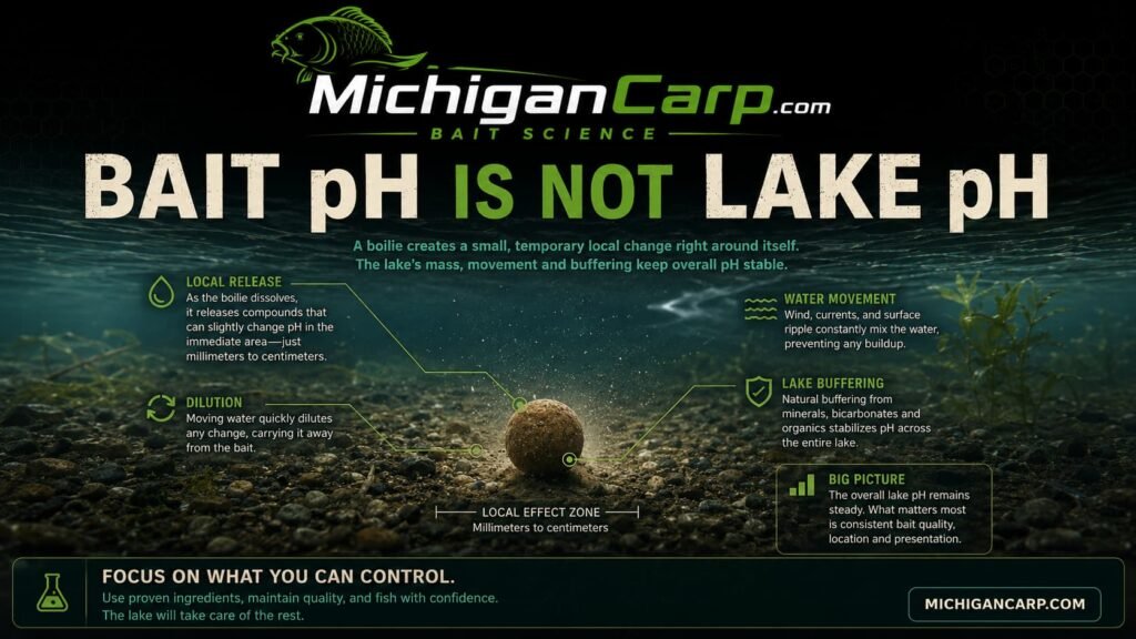 Bait pH versus Michigan lake-water pH showing a small temporary release around a boilie diluted by water movement, lake buffering, wind and current