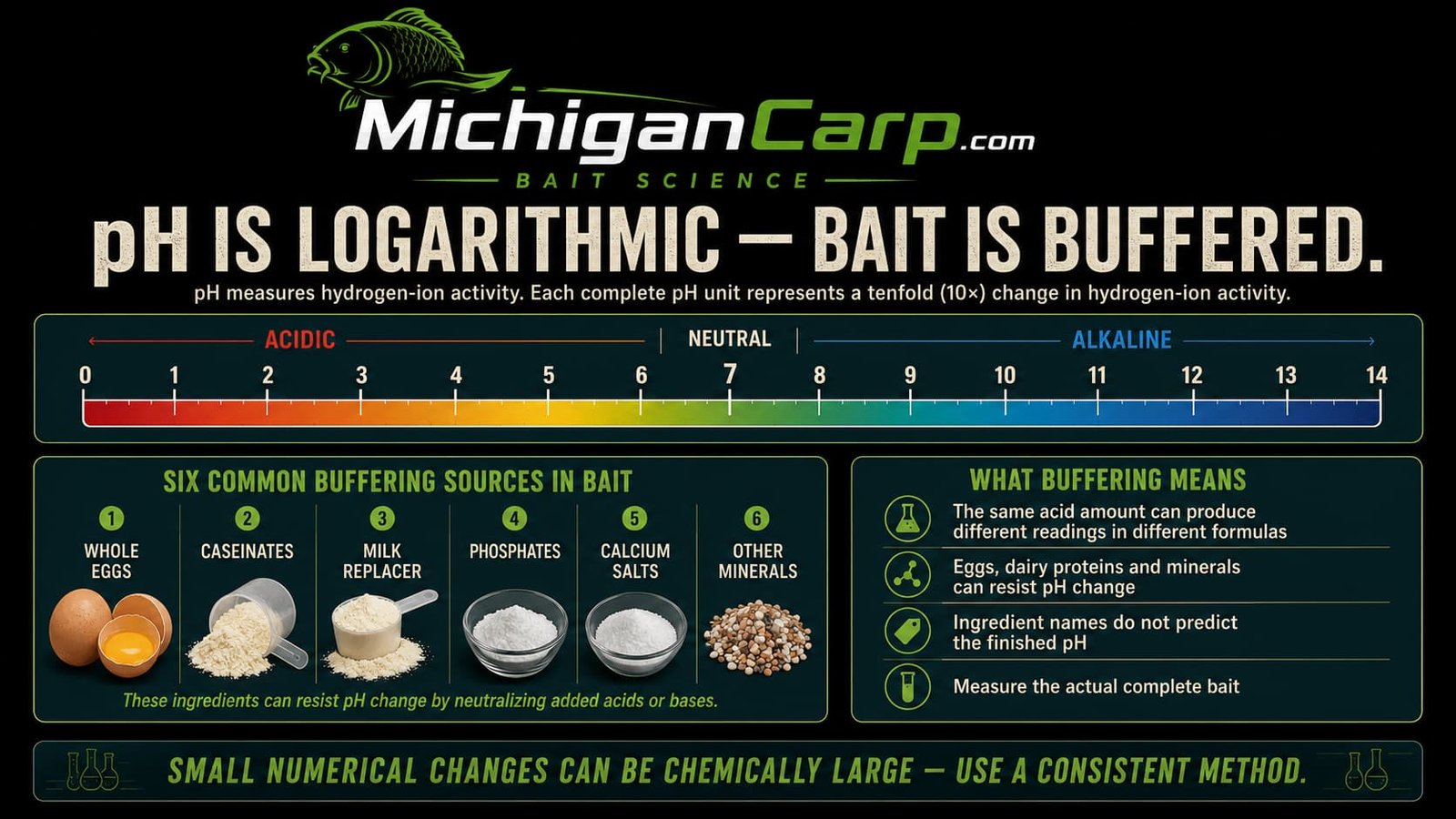 Logarithmic pH scale for carp bait showing acidic, neutral and alkaline regions with eggs, caseinates, milk replacer, phosphates and mineral buffering