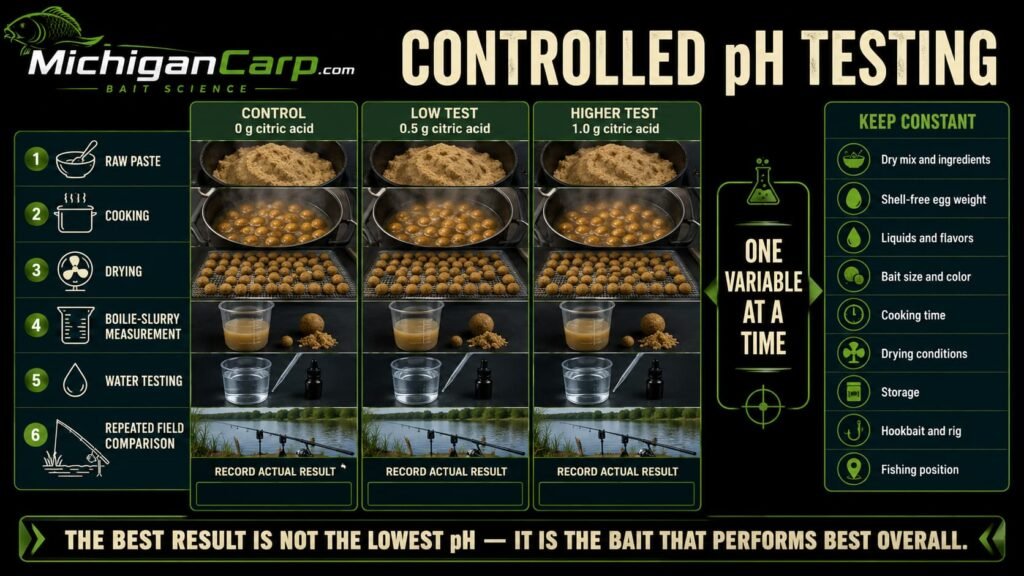 Controlled boilie pH test comparing control, low citric-acid and higher citric-acid batches through paste, cooking, drying, slurry measurement, water testing and repeated field comparison