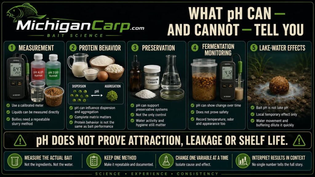Carp bait pH decision map covering measurement, protein behavior, preservation, fermentation monitoring and temporary lake-water effects