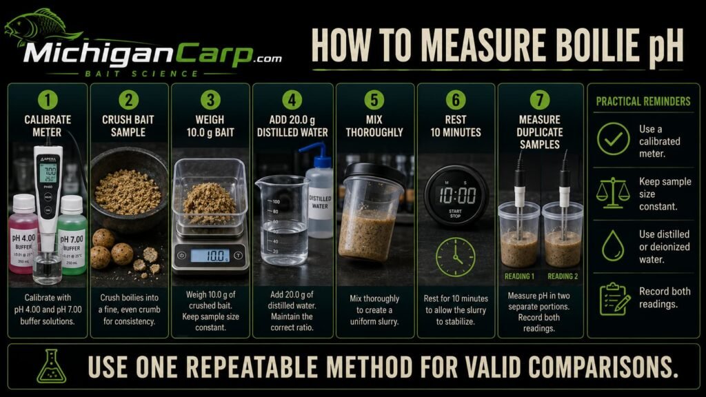 Seven-step boilie pH slurry test using calibrated pH 4 and pH 7 buffers, 10 grams of crushed bait, 20 grams of distilled water and duplicate measurements