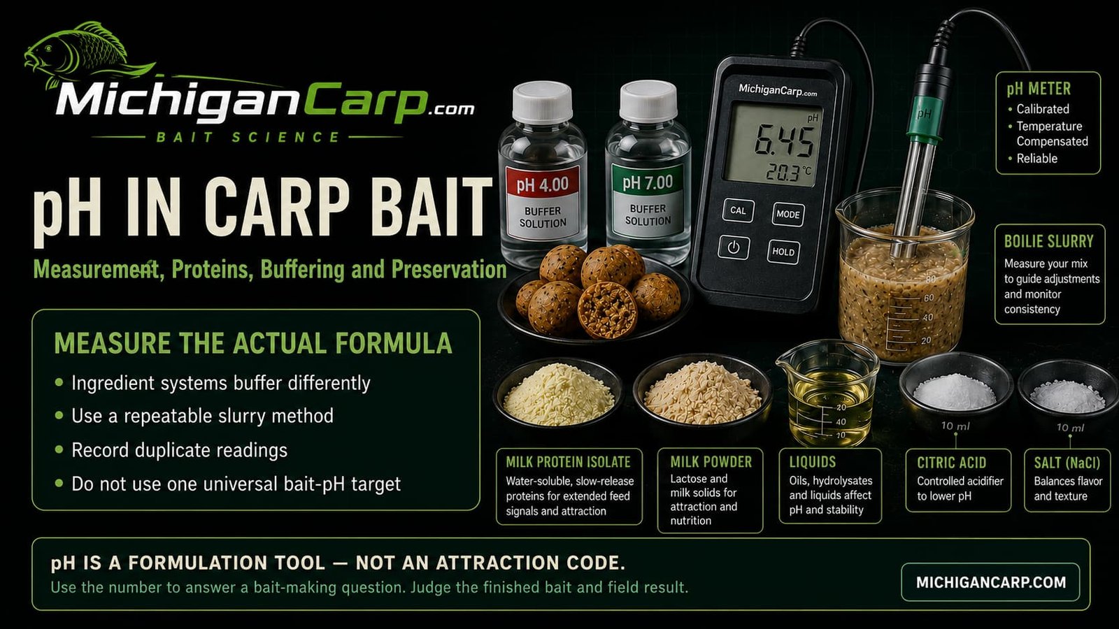 pH in carp bait showing a calibrated meter, buffer solutions, crushed boilie slurry, milk-nut boilies, citric acid, salt and dairy ingredients