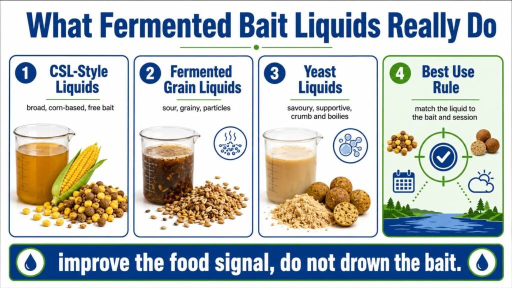 Infographic explaining what fermented bait liquids do for carp bait.