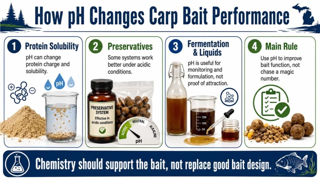 Infographic explaining how pH affects protein solubility, preservatives, fermentation and carp bait design.