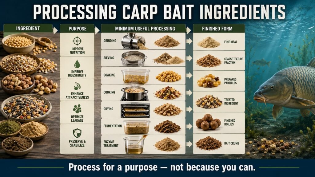 Processing carp bait ingredients showing grinding, sieving, soaking, cooking, drying, fermentation and enzyme treatment.