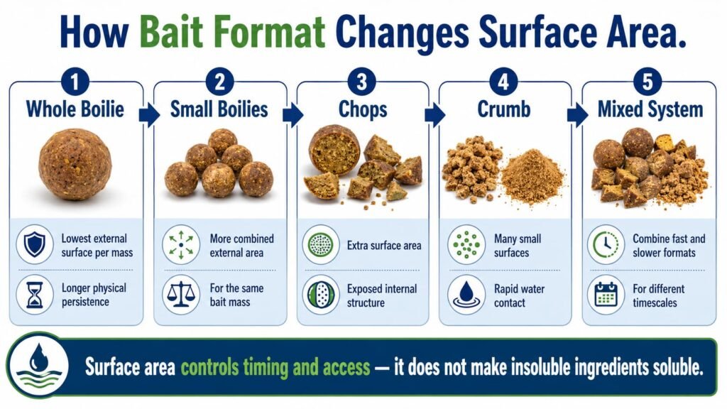 Infographic comparing surface area and release behaviour of whole boilies, small boilies, chopped boilies and crumb