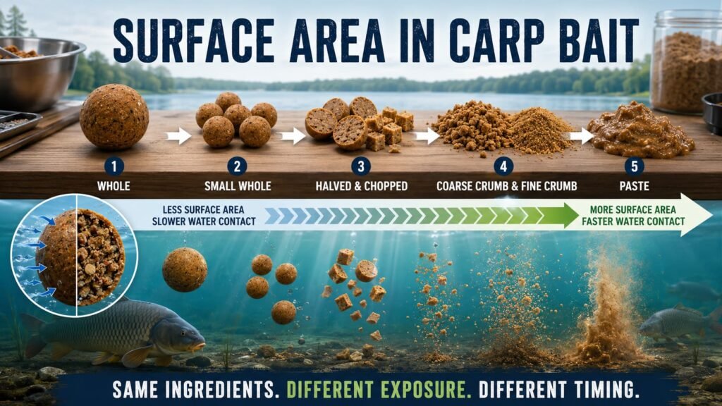 Surface area in carp bait comparing whole boilies, smaller boilies, chopped boilies, crumb and paste
