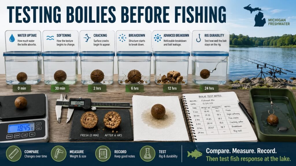 Testing boilies before fishing using water uptake tests, cut cross-sections, timed soak tests and rigged hookbait durability checks.