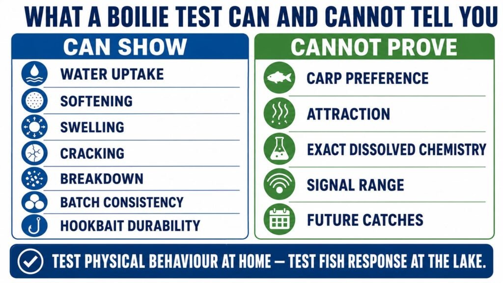Infographic explaining what home boilie testing can measure and what it cannot prove about carp attraction and fish response