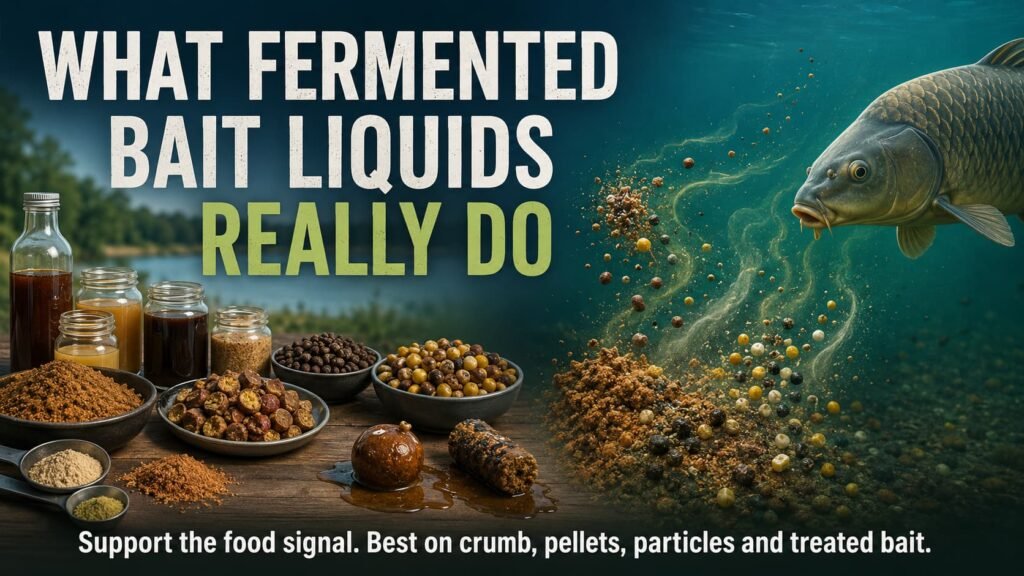 Fermented bait liquids for carp beside boilie crumb, pellets and bait ingredients on a bait-making bench.