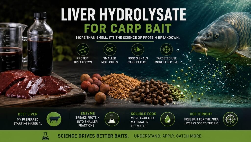 Beef liver hydrolysate for carp bait with boilies, pellets, crumb and bait-making equipment.