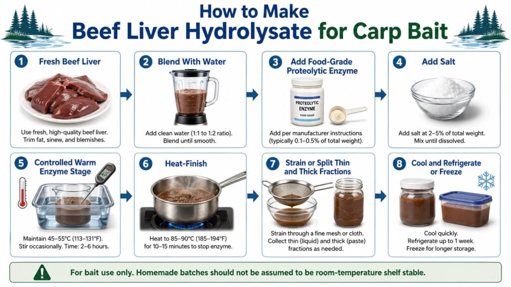 Step-by-step process for making homemade beef liver hydrolysate for carp bait.