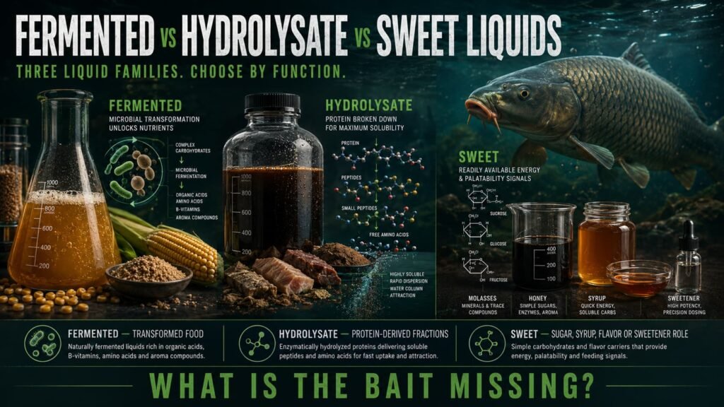 Fermented liquid, protein hydrolysate and sweet carp bait liquid compared in a modern Bait Science graphic.