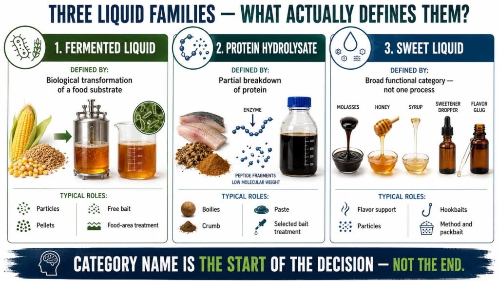 Three carp bait liquid families compared: fermented liquid, protein hydrolysate and sweet liquid.