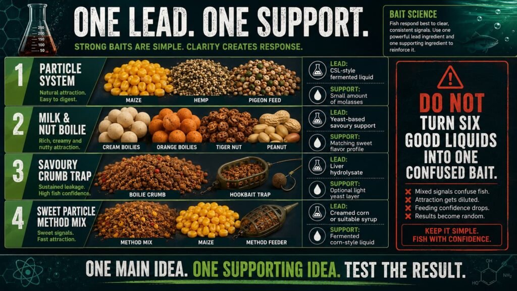 Simple carp bait liquid system using one lead liquid and one supporting liquid.