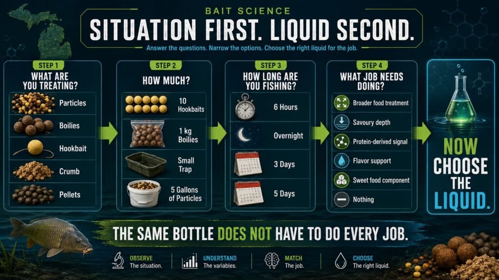 Four-step system for choosing a carp bait liquid by bait type, quantity, session length and purpose.