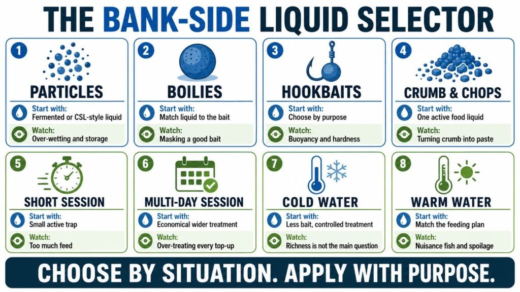 Bank-side guide to choosing carp bait liquids for different fishing situations.