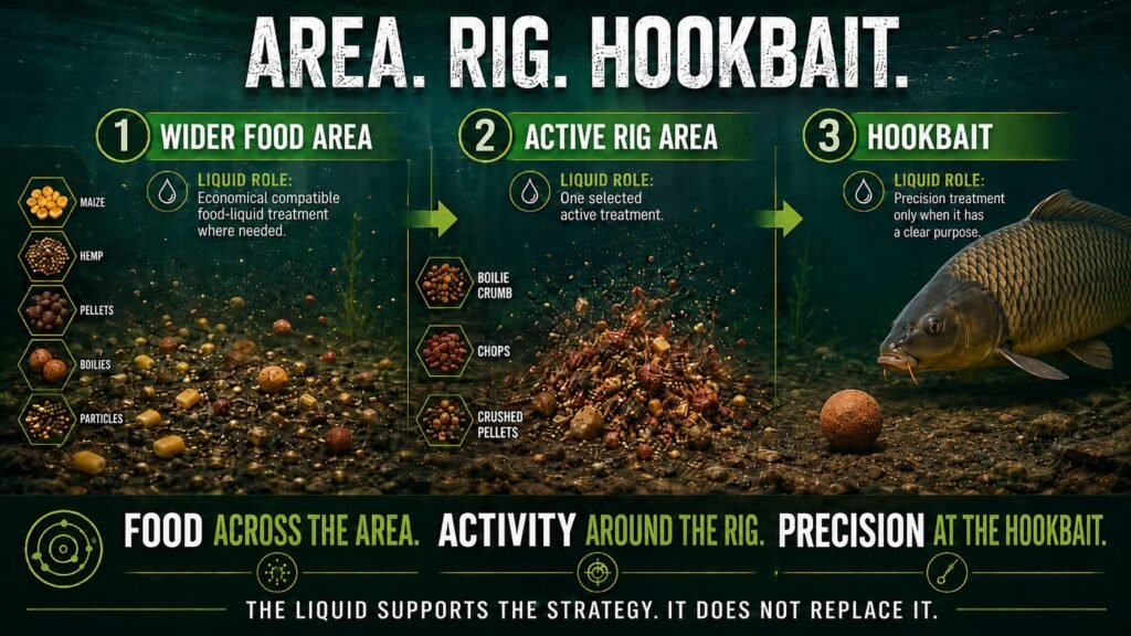 Michigan carp bait liquid strategy using economical treatment through the food area and targeted liquid close to the hookbait.