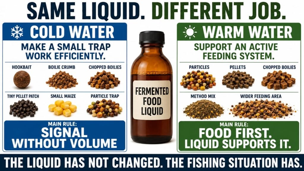 Same fermented carp bait liquid used differently in cold and warm water.
