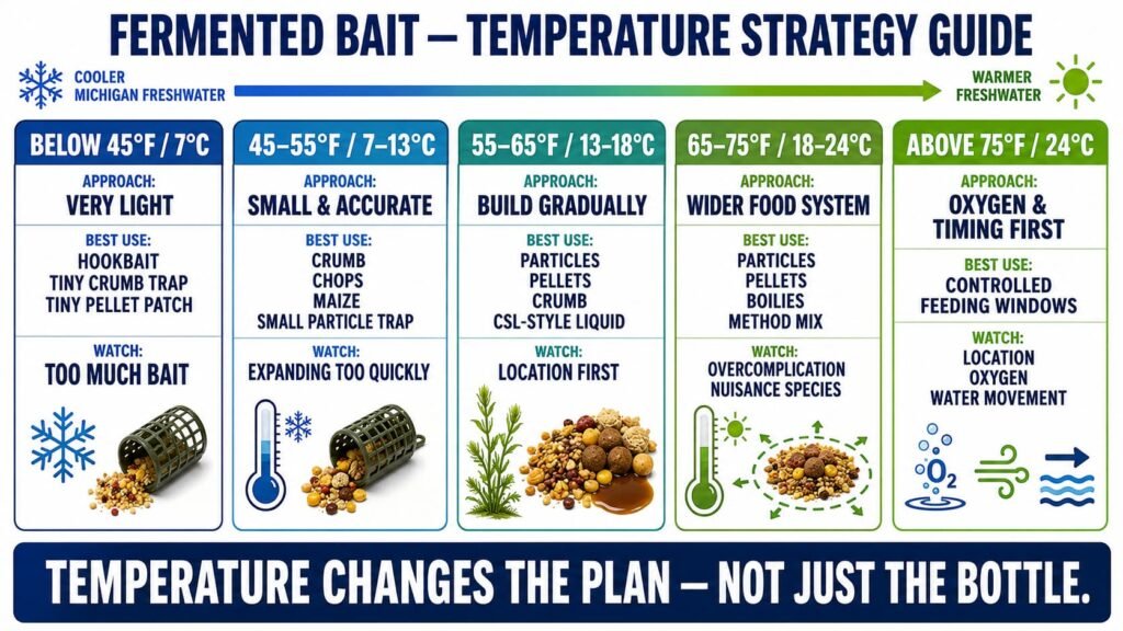 Fermented carp bait strategy by water temperature from below 45°F to above 75°F.