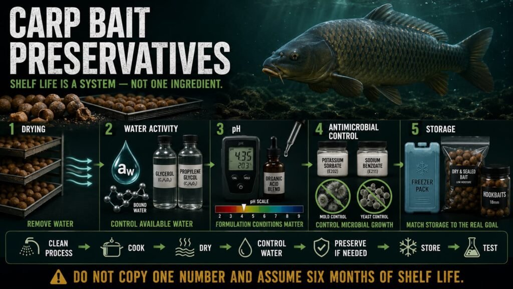 Carp bait preservatives explained through drying, water activity, pH, antimicrobial control and storage.