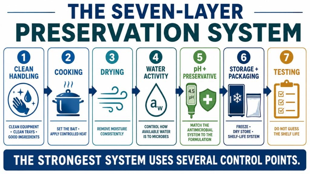 Seven-layer boilie preservation system from clean handling through storage and testing.