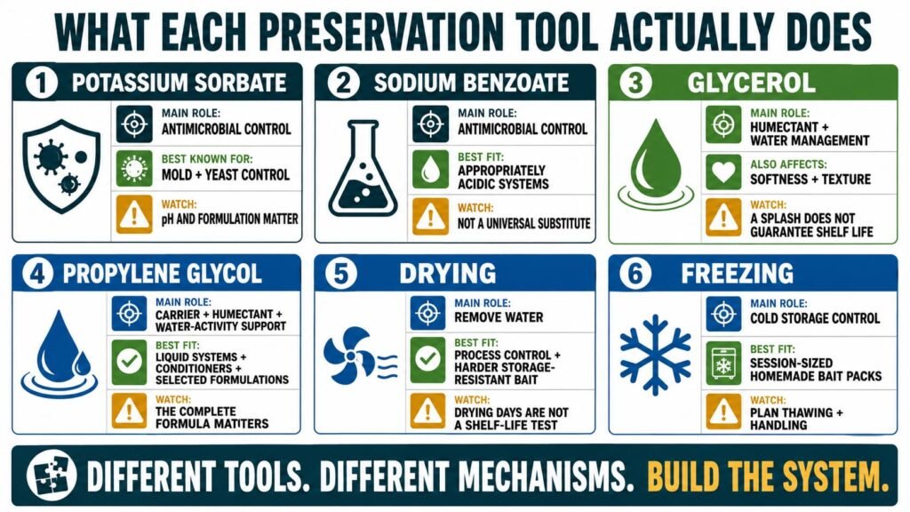 Carp bait preservation tools compared including sorbate, benzoate, glycerol, propylene glycol, drying and freezing.