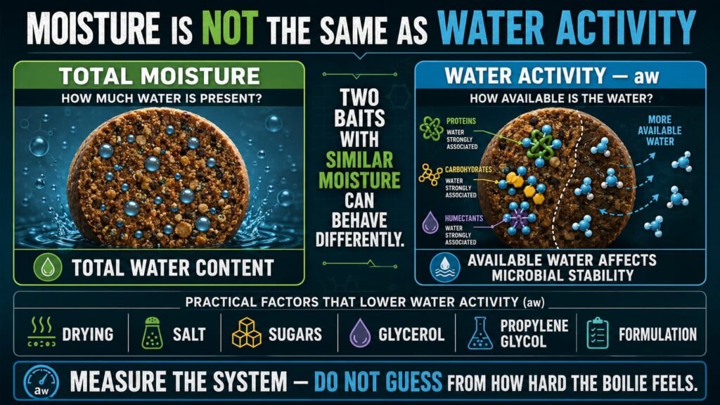 Difference between water activity and total moisture in homemade boilies.