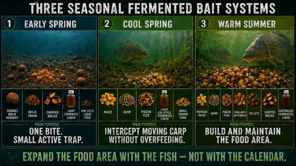 Michigan fermented carp bait systems for early spring, cool spring and warm summer