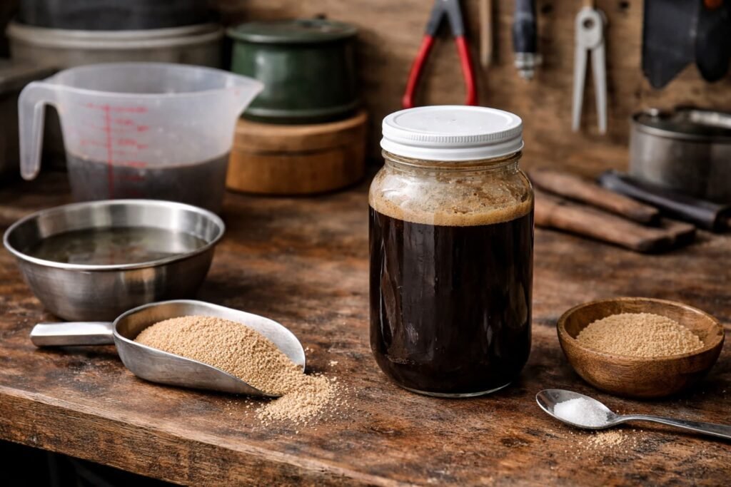 Homemade yeast extract for carp bait on a bait-making bench with yeast and simple tools.
