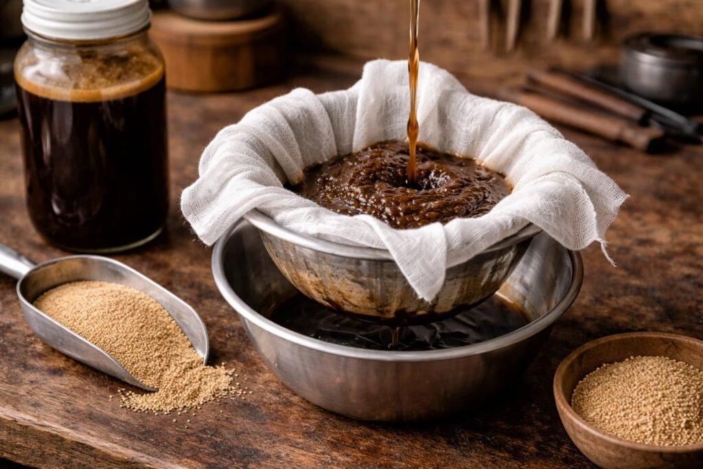 Homemade yeast extract liquid being strained for carp bait use.