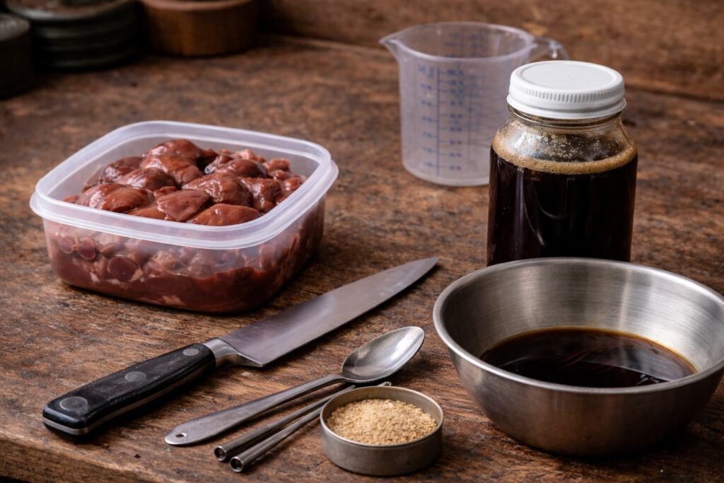 Homemade liver hydrolysate for carp bait on a bait-making bench with simple tools.