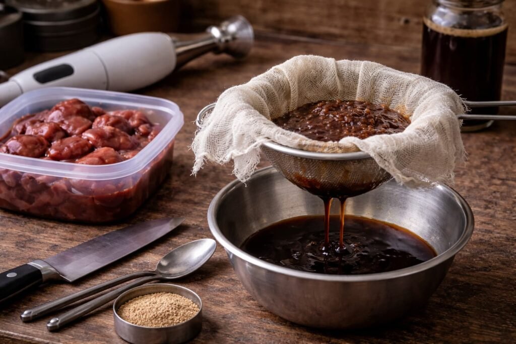 Homemade liver hydrolysate being strained for carp bait use.